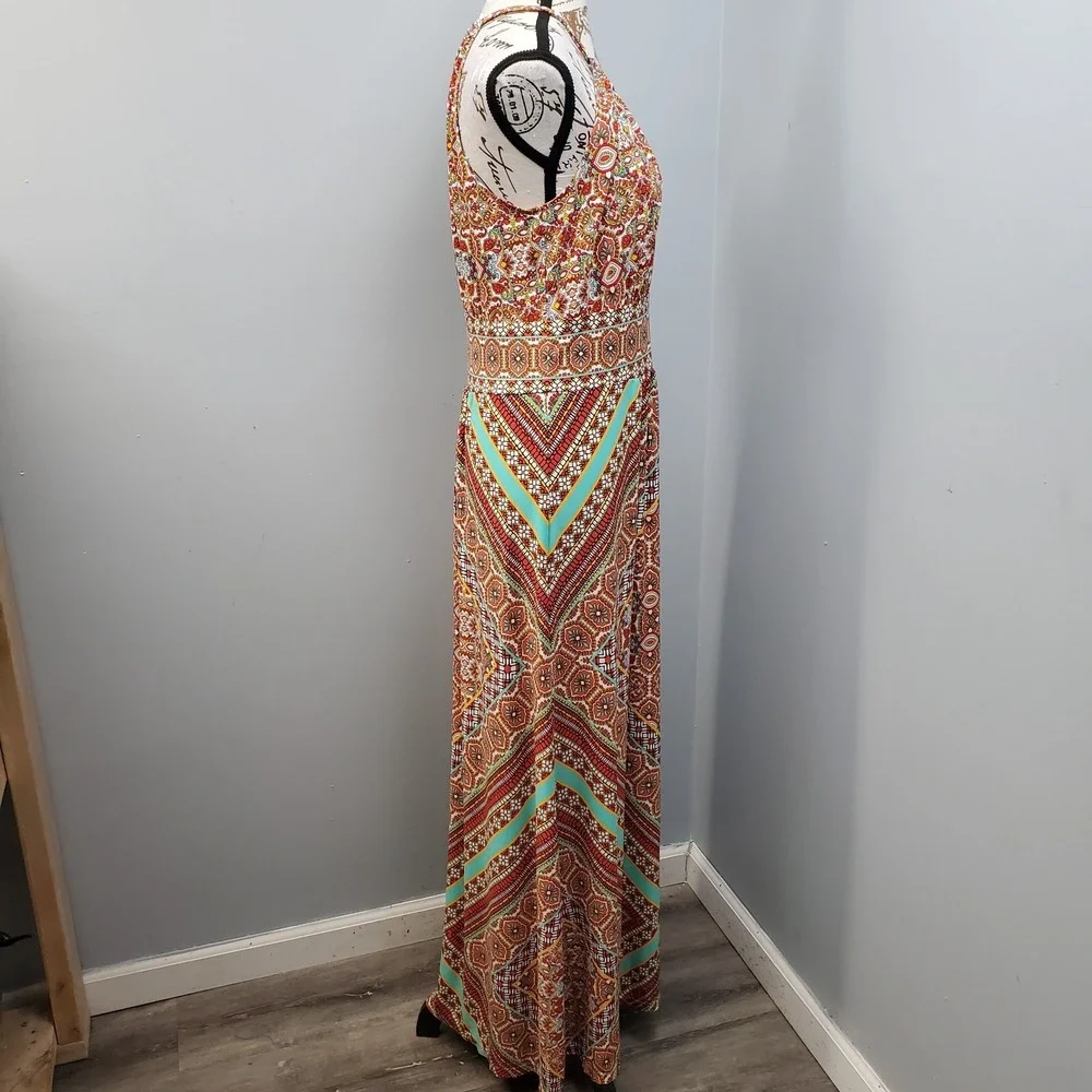 London Times Maxi Dress Womens 12 Multi Patterned Sleeveless Pleated Halter Neck - Picture 9 of 9